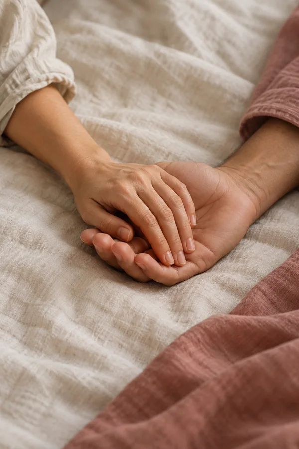 Two adult hands resting together on softly textured linen